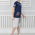 Σετ με βερμούδα με τσέπες με κορδόνι να μαζεύει με κοντομάνικη μπλούζα μπλε 100% βαμβακερό Boyfashion