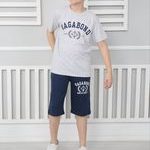 Σετ με βερμούδα με τσέπες με κορδόνι να μαζεύει με κοντομάνικη μπλούζα γκρι-μελανζέ 100% βαμβακερό Vagabond