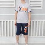 Σετ eXtreme style 0021 με βερμούδα με τσέπες με κορδόνι να μαζεύει με κοντομάνικη μπλούζα γκρι-μελανζέ 100% βαμβακερό