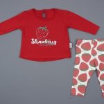 Βρεφικό σετ 100% βαμβακερό κολάν με φράουλες strawberry μακρυμάνικη κόκκινη μπλούζα με κουμπάκι πίσω