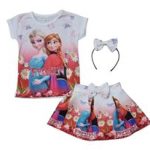 Σετ 100% βαμβακερό 3 τεμάχια με στέκα με φιόγκο φούστα με φιόγκο κοντομάνικη μπλούζα Η ωραία παγωμένη λουλουδάτη κόκκινο