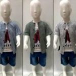 Σετ 3 τεμάχια παιδικό 100% βαμβακερό με λευκή κοντομάνικη μπλούζα Never give up σετ μπλε τζην σορτς με τσέπες με λάστιχο στη μέση με γαλάζιο πουκάμισο με μάο γιακά