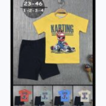 Κοντομάνικη μπλούζα κίτρινη Karting σετ με μπλε σορτς 100% βαμβακερό