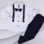 Σετ 4 τεμάχια 100% βαμβακερό παντελόνι μπλε παπιγιόν τιράντες πουκάμισο μακρυμάνικο λευκό με σταυρουδάκια διακριτικά
