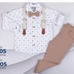 Σετ 4 τεμάχια 100% βαμβακερό παντελόνι μπεζ παπιγιόν τιράντες πουκάμισο μακρυμάνικο λευκό με σταυρουδάκια διακριτικά