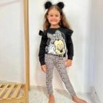 Σετ λεοπάρ κολάν με επένδυση με μπλούζα φούτερ με βολάν στα μανίκια 100% βαμβακερό μαύρο
