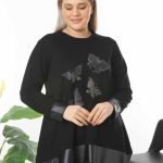 Ασύμετρο γυναικείο μπλουζοφόρεμα 100% βαμβακερό με δερμάτινες λεπτομέρειες και στα μανίκια με πεταλούδες σχηματισμένες με στρας μεγάλα μεγέθη