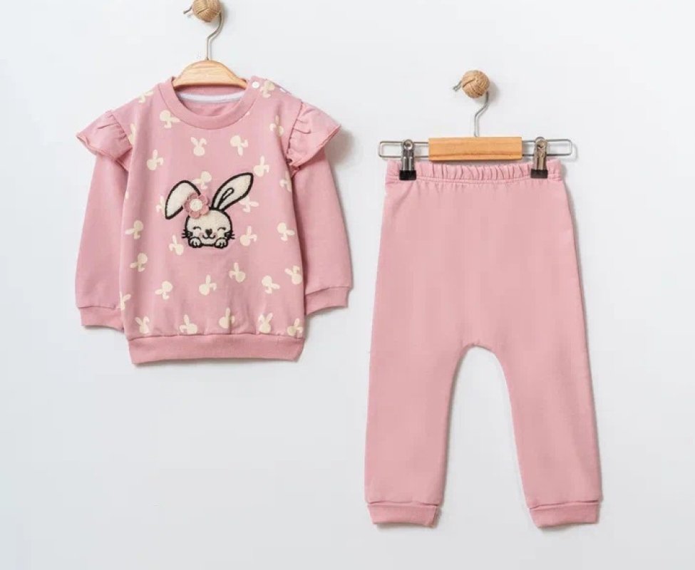BEBE-TK-6-12-18-24AY-5307-6874c840d78d1 Βρεφική φόρμα σετ 100% βαμβακερό με λαγουδάκια διάσπαρτα μικρά με ένα μεγάλο κεντημένο απλικέ με βολάν στα μανίκια ροζ - Image 1
