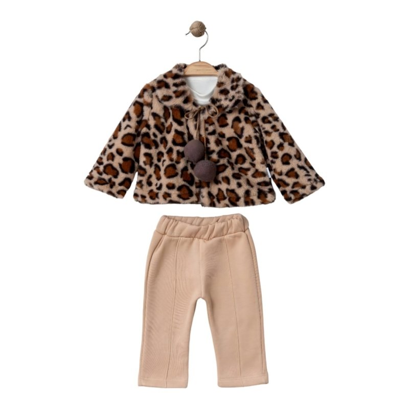BEBE-TK-9-12-18-24-AY-8464-KIZ-KIZ-3-LU-TAKIM-69086dcf61454 Βρεφικό σετ τρία τεμάχια 100% βαμβακερό γούνινη ζακέτα λεοπάρ με λευκή μπλούζα κεντημένη με λεοπάρ καρδιά με φούτερ παντελόνι μπεζ - Image 1